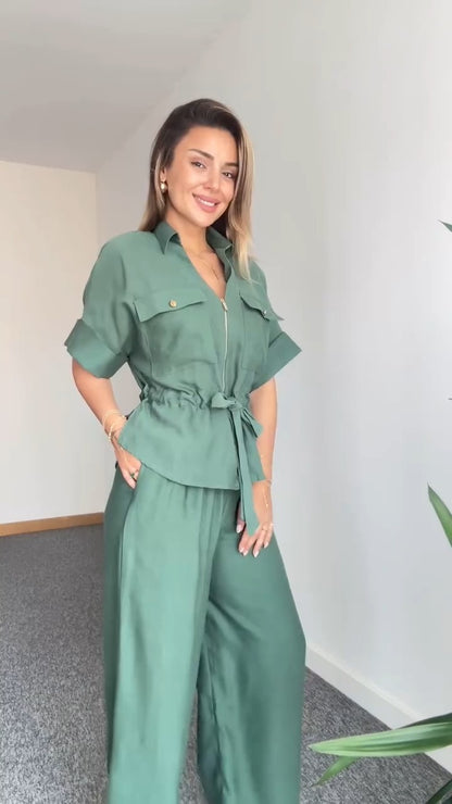 Stylish Olive Green Utility Style Two Piece Set - WOOLX