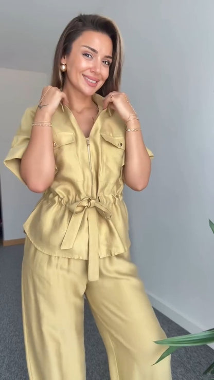 Stylish Olive Green Utility Style Two Piece Set - WOOLX