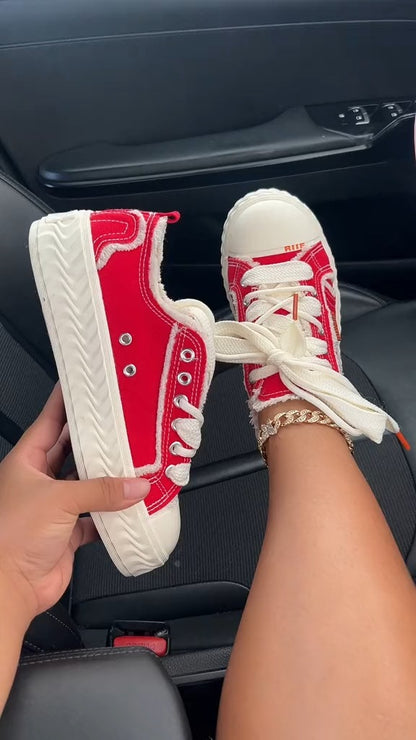 Trendy Red Canvas Low-Top Sneakers With Frayed Details - WOOLX