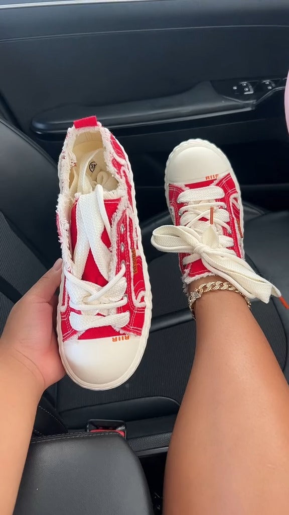 Trendy Red Canvas Low-Top Sneakers With Frayed Details - WOOLX