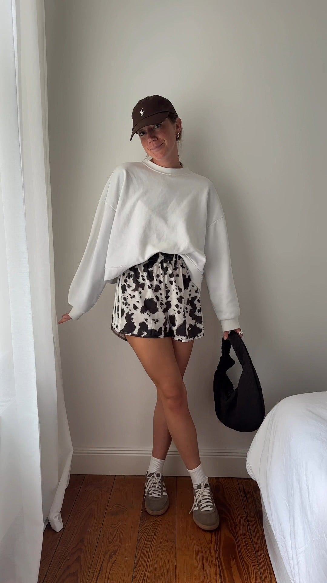 Casual White Sweatshirt With Cow Print Shorts Outfit Set - WOOLX