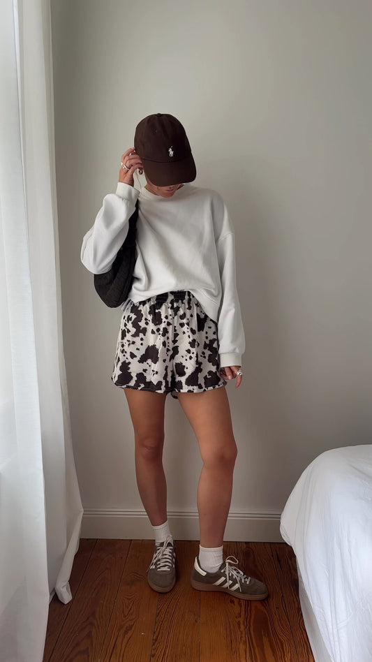 Casual White Sweatshirt With Cow Print Shorts Outfit Set - WOOLX