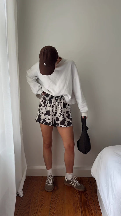Casual White Sweatshirt With Cow Print Shorts Outfit Set - WOOLX