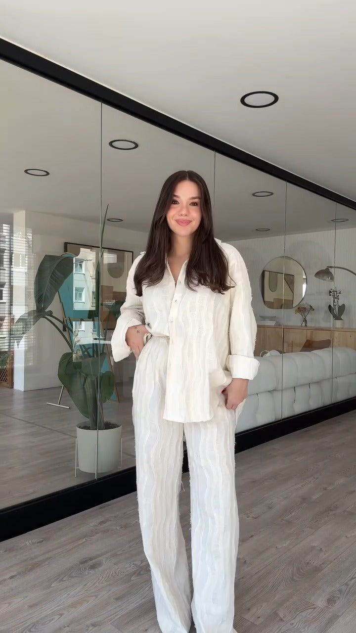 Chic Textured White Button Down Shirt And Wide Leg Pants Set - WOOLX