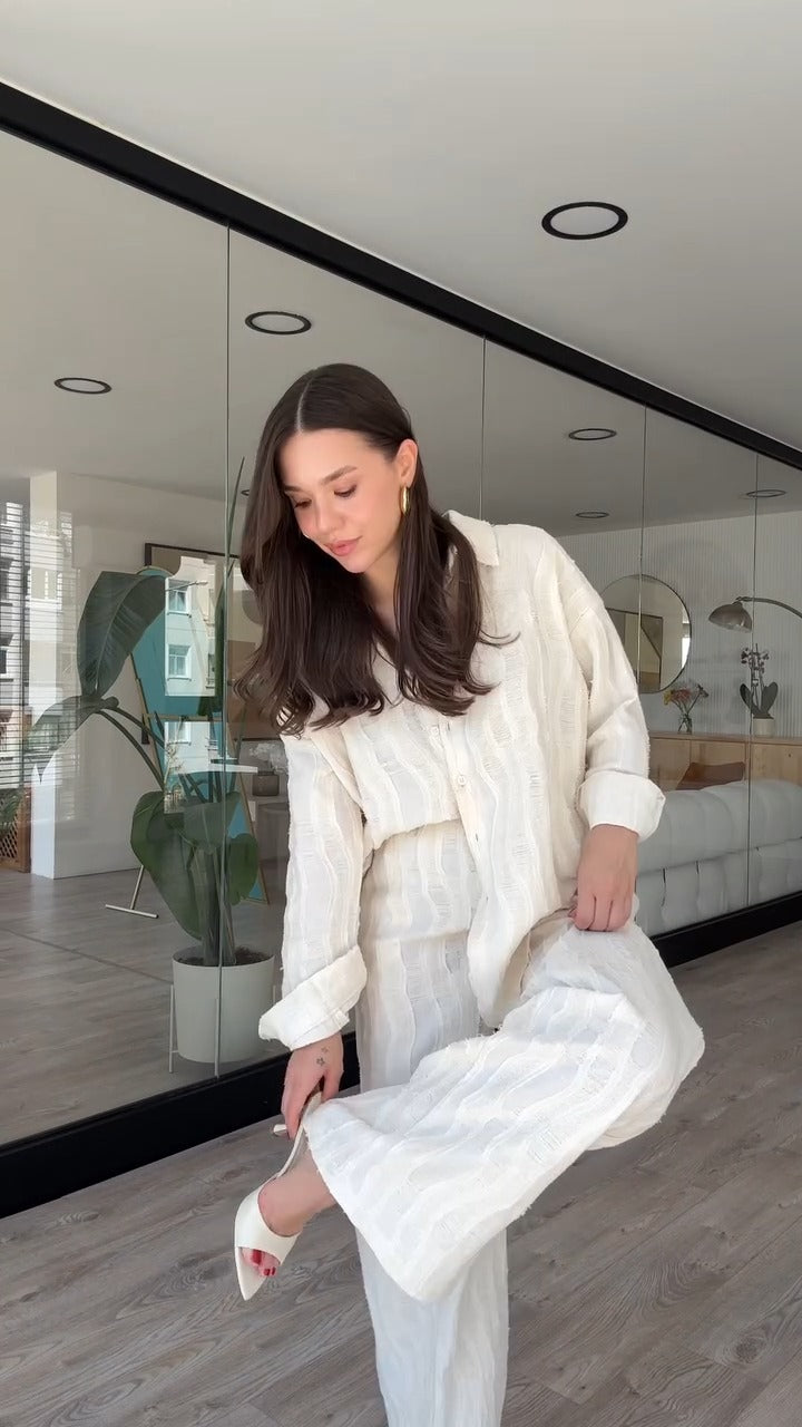 Chic Textured White Button Down Shirt And Wide Leg Pants Set - WOOLX