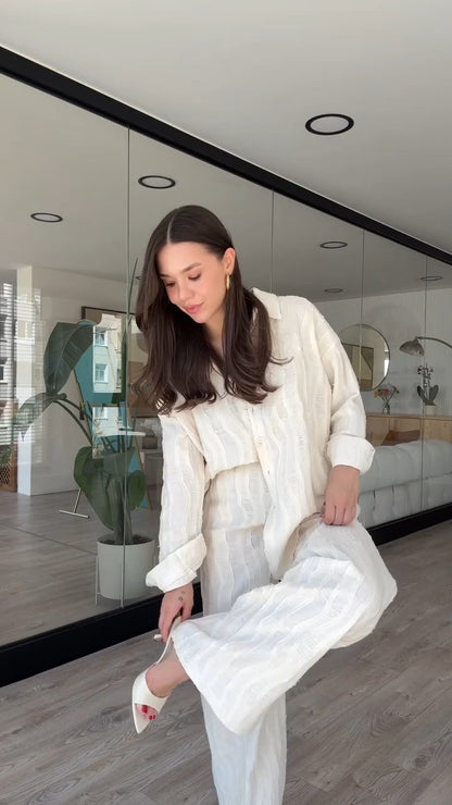 Chic Textured White Button Down Shirt And Wide Leg Pants Set - WOOLX