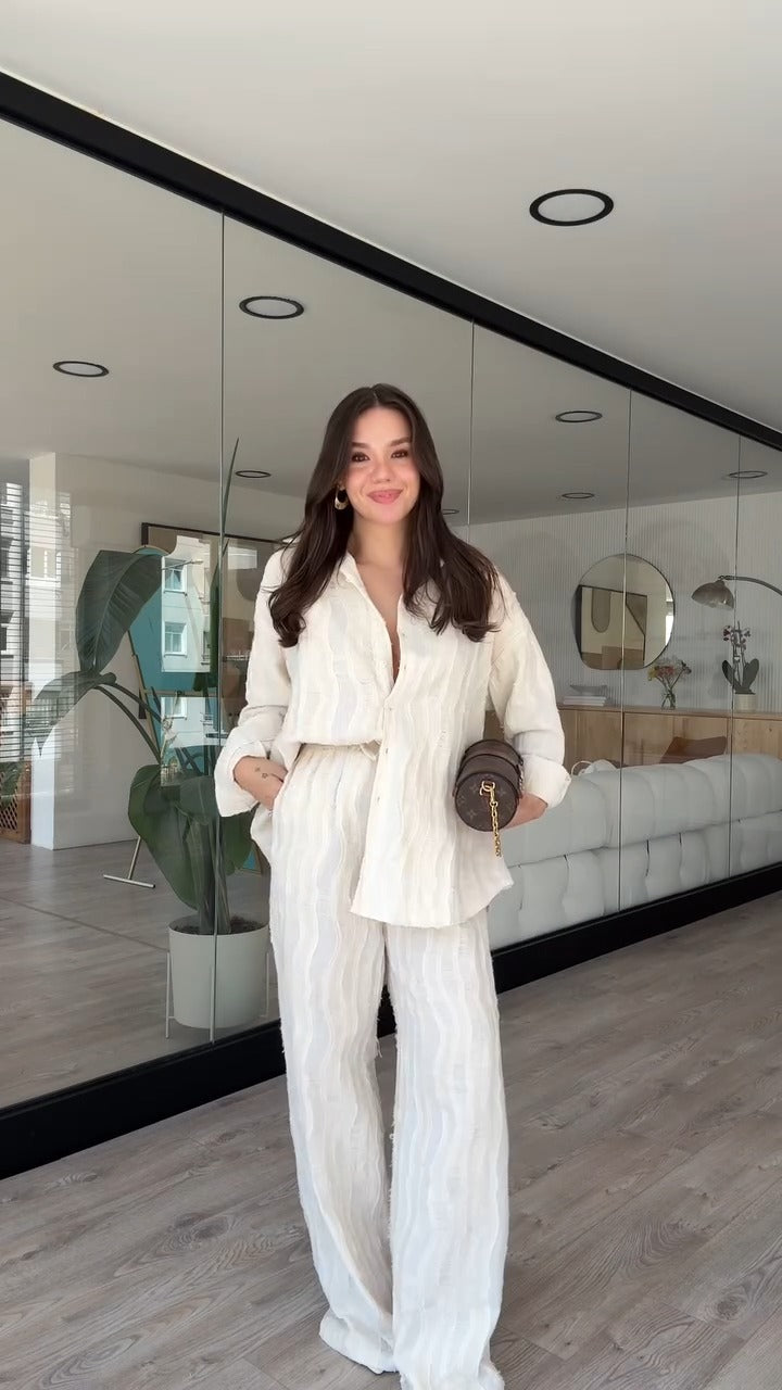 Chic Textured White Button Down Shirt And Wide Leg Pants Set - WOOLX