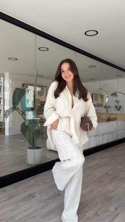 Chic Textured White Button Down Shirt And Wide Leg Pants Set - WOOLX