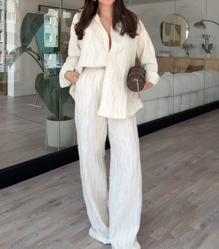 Chic Textured White Button Down Shirt And Wide Leg Pants Set - WOOLX
