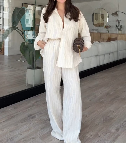 Chic Textured White Button Down Shirt And Wide Leg Pants Set - WOOLX