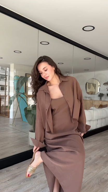 Sophisticated Chocolate - Brown Button - Up Shirt And Maxi Dress Set - WOOLX