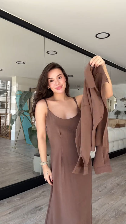 Sophisticated Chocolate - Brown Button - Up Shirt And Maxi Dress Set - WOOLX