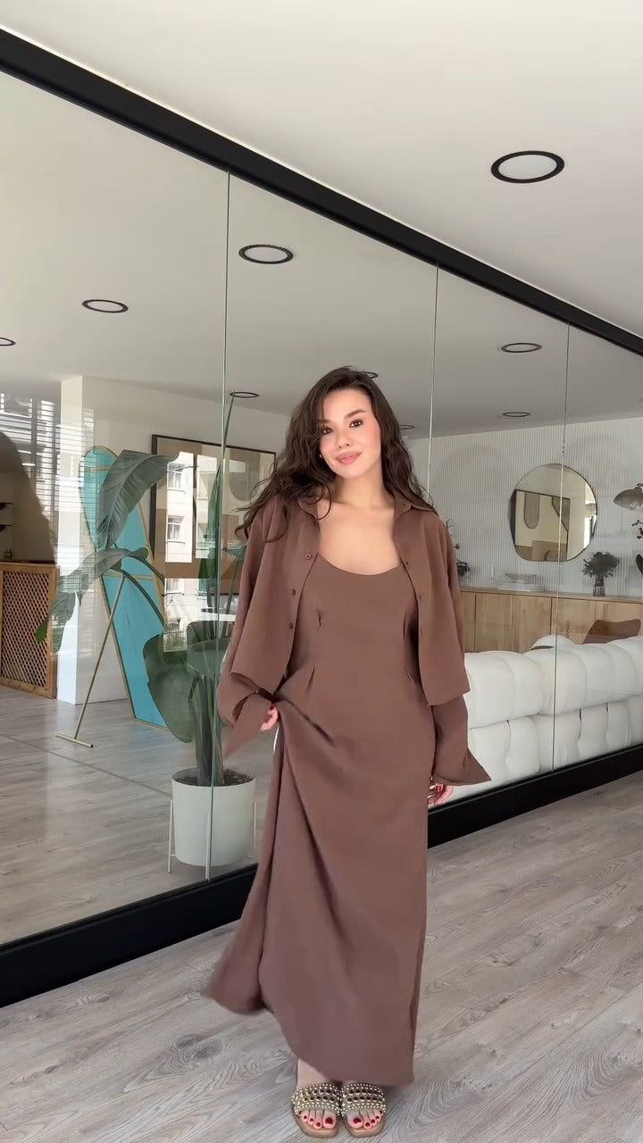 Sophisticated Chocolate - Brown Button - Up Shirt And Maxi Dress Set - WOOLX