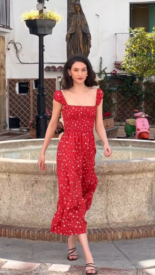 Charming Red Maxi Dress With White Floral Print - WOOLX