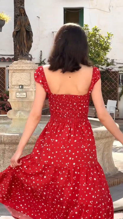 Charming Red Maxi Dress With White Floral Print - WOOLX