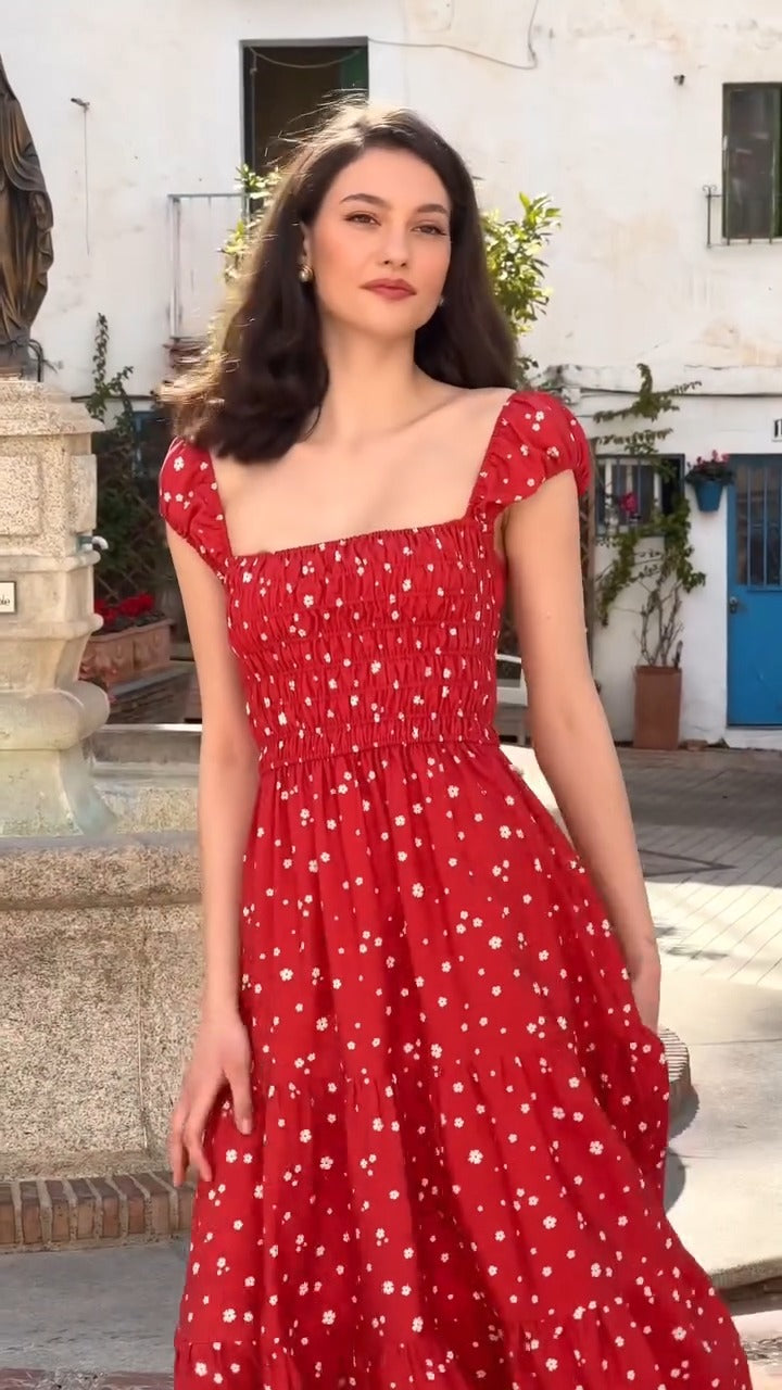 Charming Red Maxi Dress With White Floral Print - WOOLX