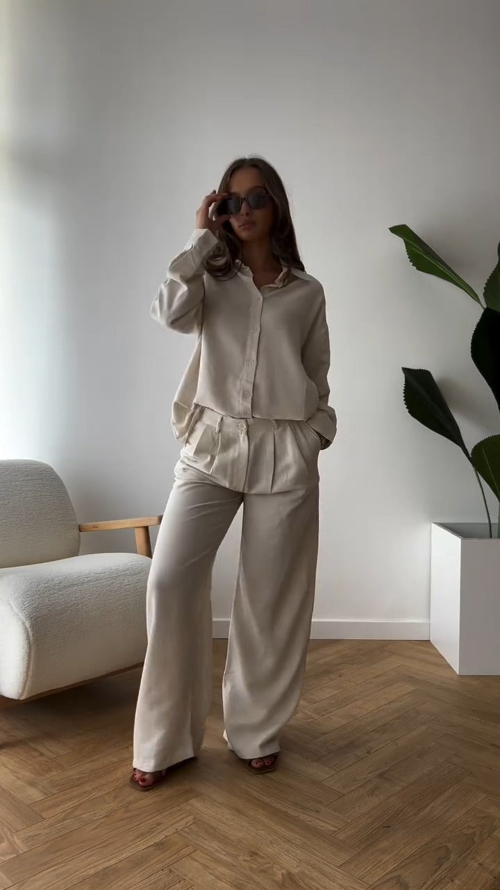 Sophisticated Brown Long Sleeve Shirt And Wide Leg Pants Set - WOOLX