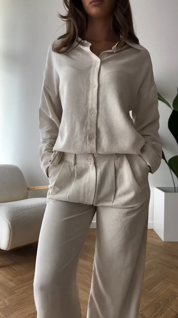 Sophisticated Brown Long Sleeve Shirt And Wide Leg Pants Set - WOOLX