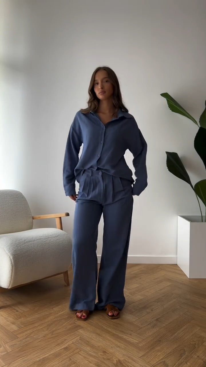 Sophisticated Brown Long Sleeve Shirt And Wide Leg Pants Set - WOOLX