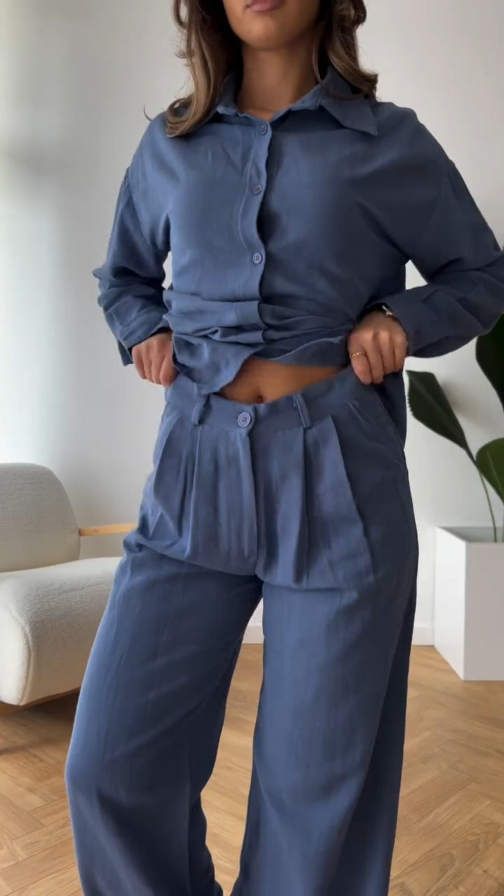 Sophisticated Brown Long Sleeve Shirt And Wide Leg Pants Set - WOOLX