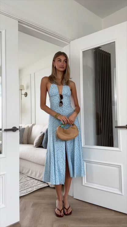 Charming Light Blue Floral Halter Midi Dress - WOOLX