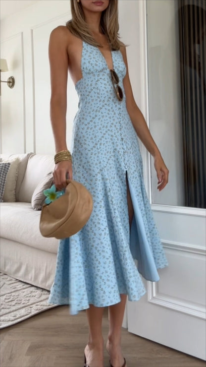Charming Light Blue Floral Halter Midi Dress - WOOLX