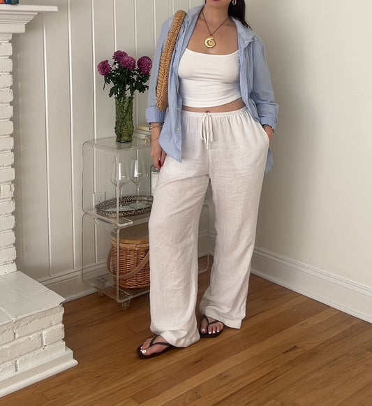 Casual Light Blue Shirt And White Linen Pants Set - WOOLX