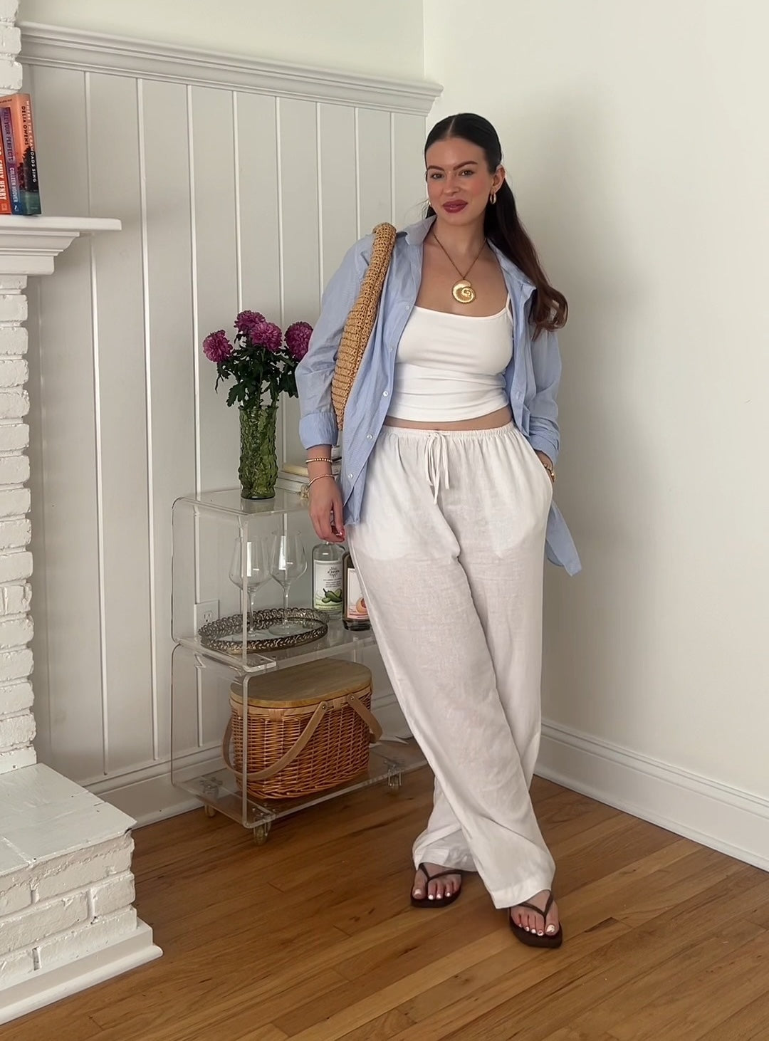Casual Light Blue Shirt And White Linen Pants Set - WOOLX