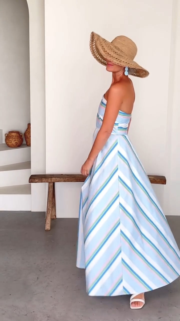 Elegant Pastel Striped Strapless Maxi Dress - WOOLX