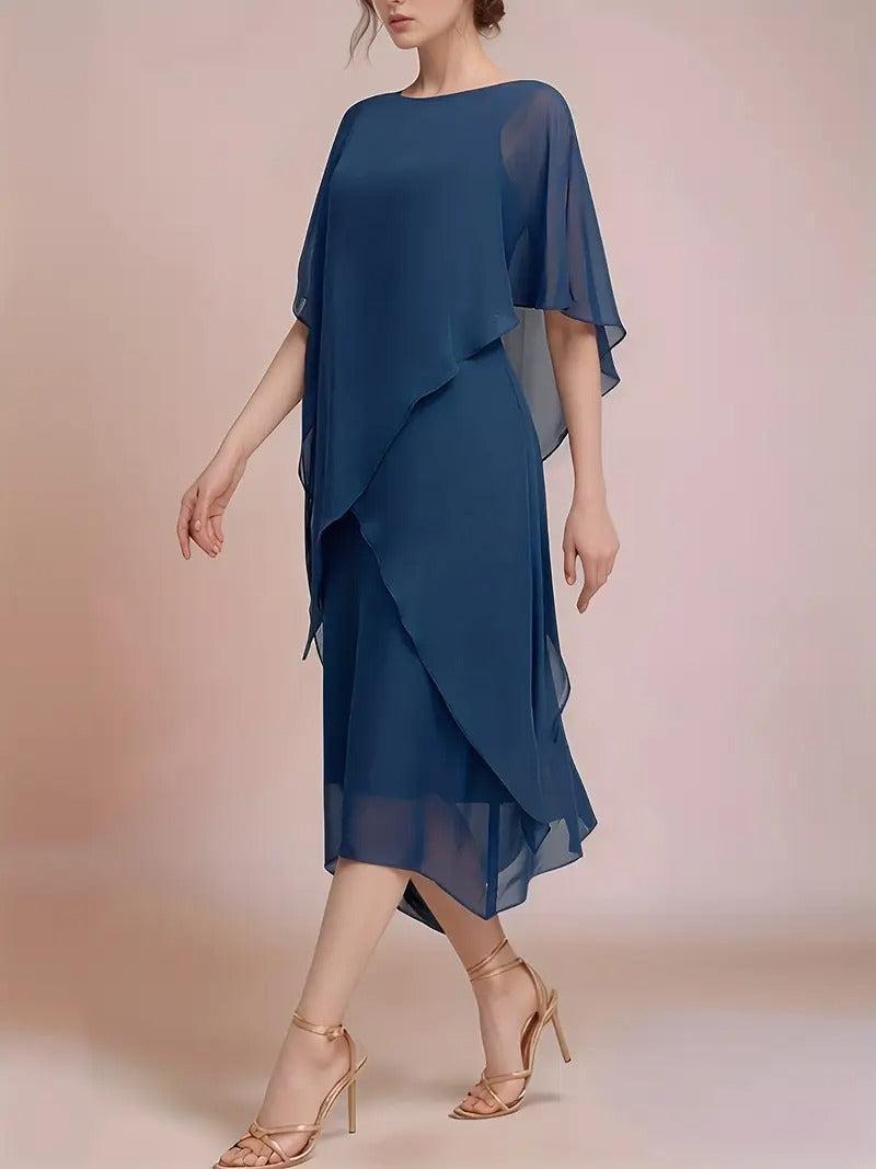 Blue Round Neck Plain Midi Dress - WOOLX