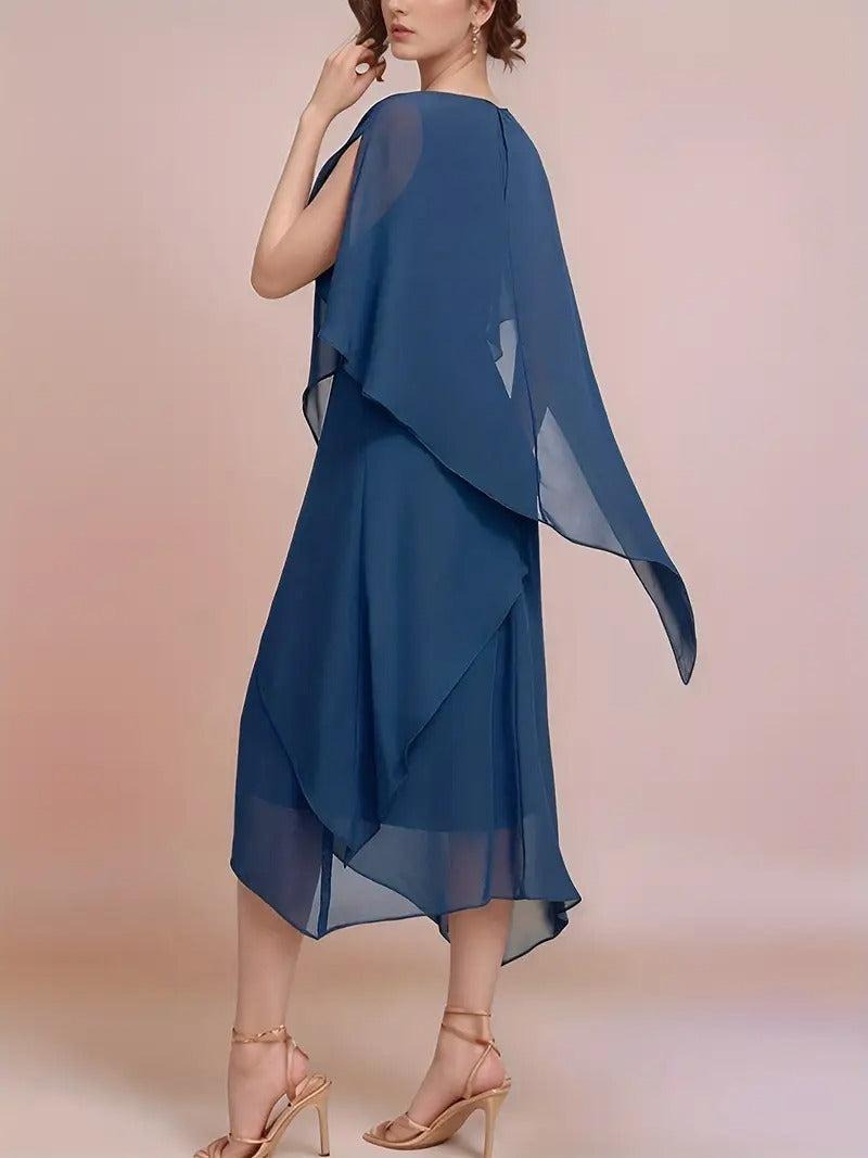 Blue Round Neck Plain Midi Dress - WOOLX