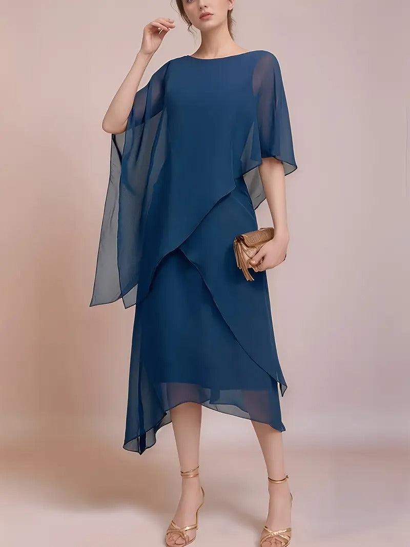 Blue Round Neck Plain Midi Dress - WOOLX