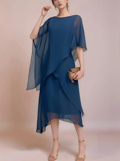 Blue Round Neck Plain Midi Dress - WOOLX