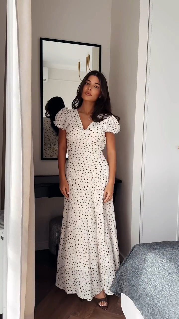 Delicate Floral Print V - Neck Maxi Dress - WOOLX