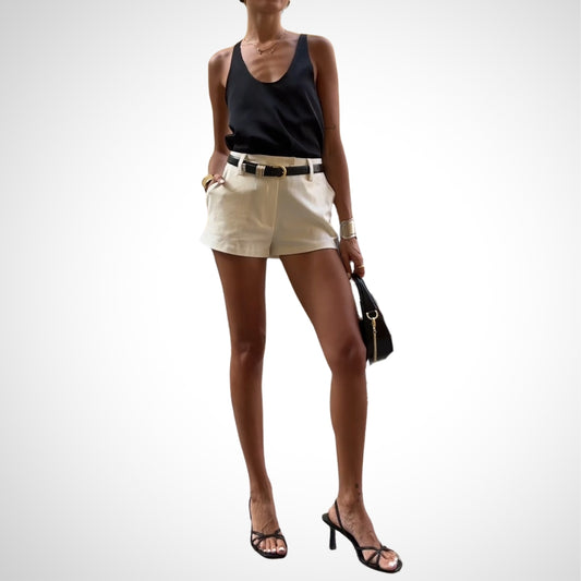 Stylish Summer Outfit With Black Tank And Beige Shorts Set - WOOLX