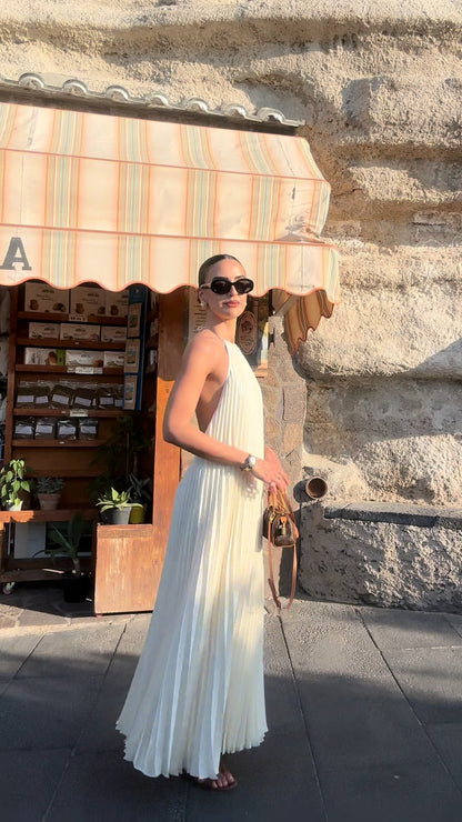 Elegant Off White Halter Pleated Maxi Dress - WOOLX