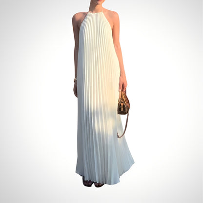 Elegant Off White Halter Pleated Maxi Dress - WOOLX