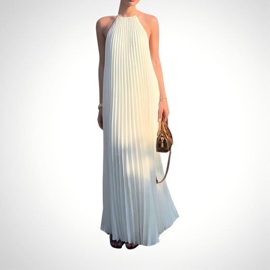 Elegant Off White Halter Pleated Maxi Dress - WOOLX