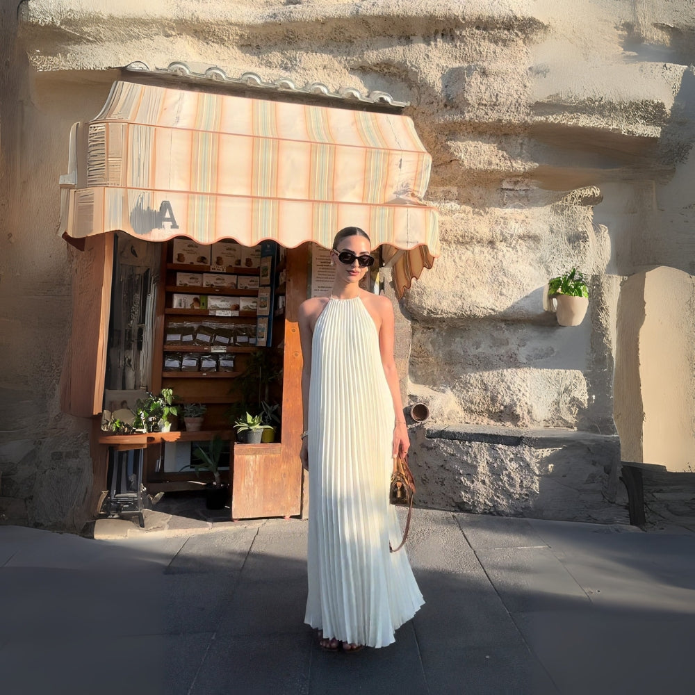 Elegant Off White Halter Pleated Maxi Dress - WOOLX
