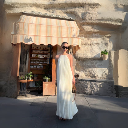 Elegant Off White Halter Pleated Maxi Dress - WOOLX
