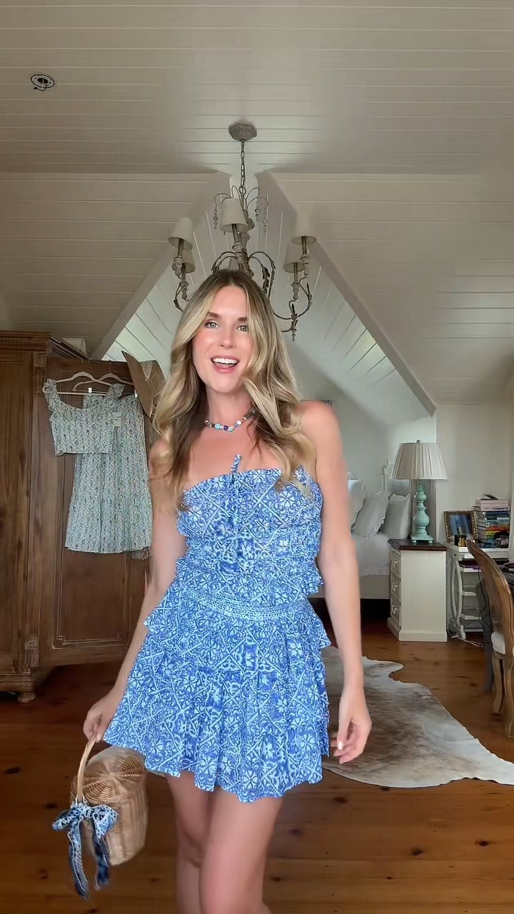 Blue Boho Print Strapless Mini Dress - WOOLX