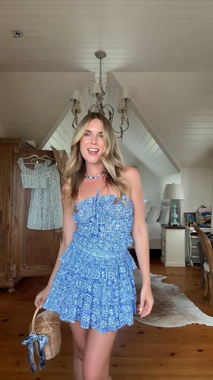 Blue Boho Print Strapless Mini Dress - WOOLX