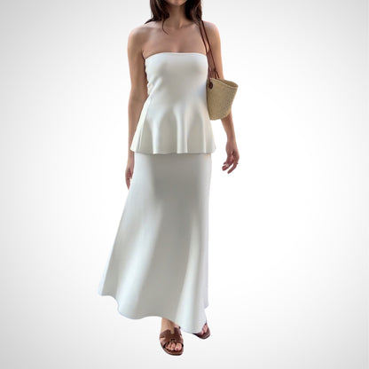 Elegant White Strapless Peplum Top And Maxi Skirt Set - WOOLX