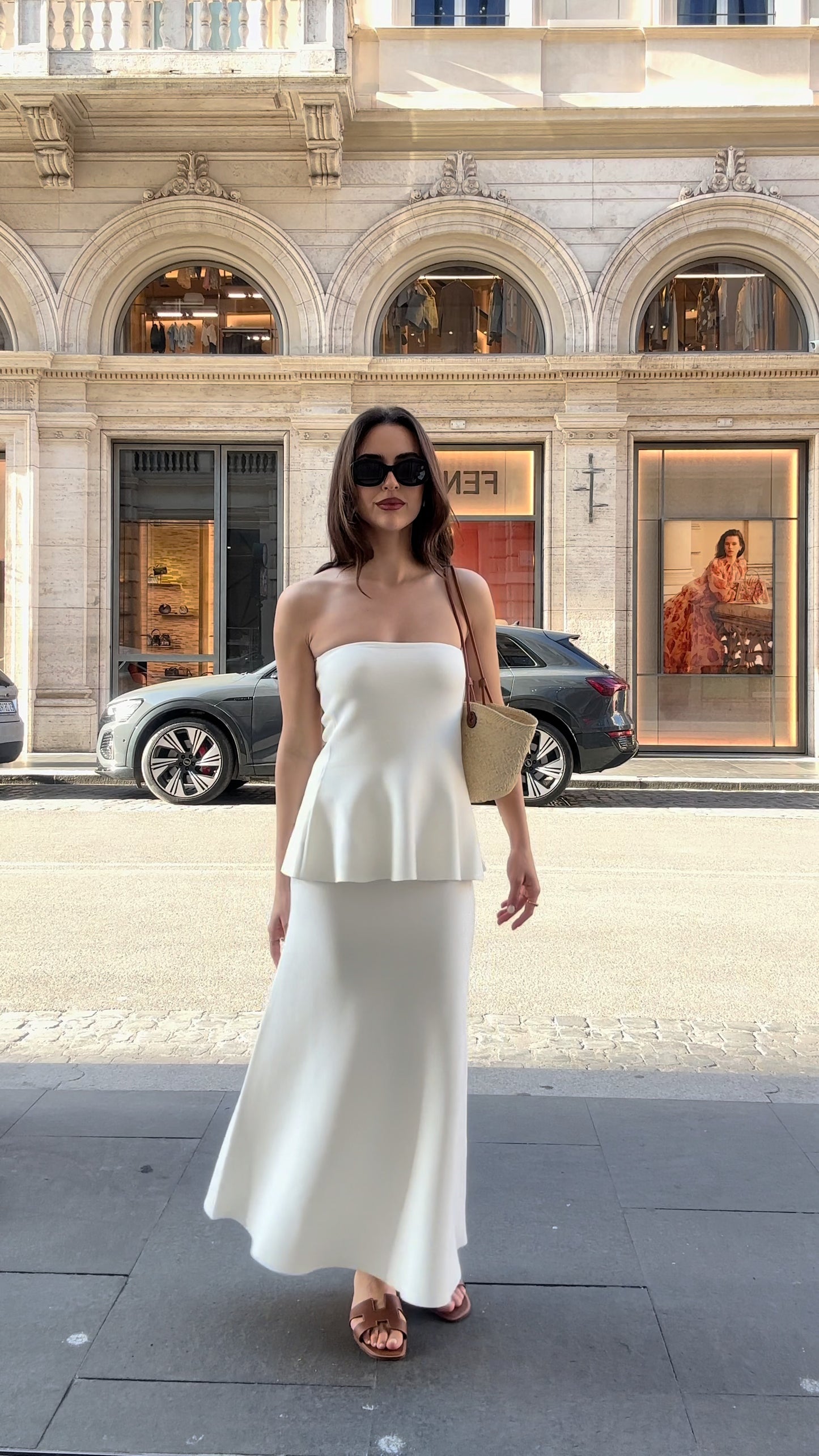 Elegant White Strapless Peplum Top And Maxi Skirt Set - WOOLX