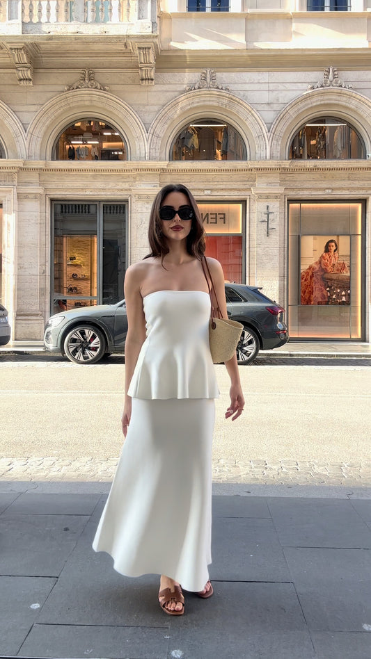 Elegant White Strapless Peplum Top And Maxi Skirt Set - WOOLX