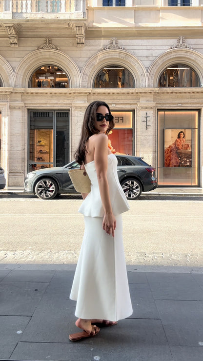 Elegant White Strapless Peplum Top And Maxi Skirt Set - WOOLX