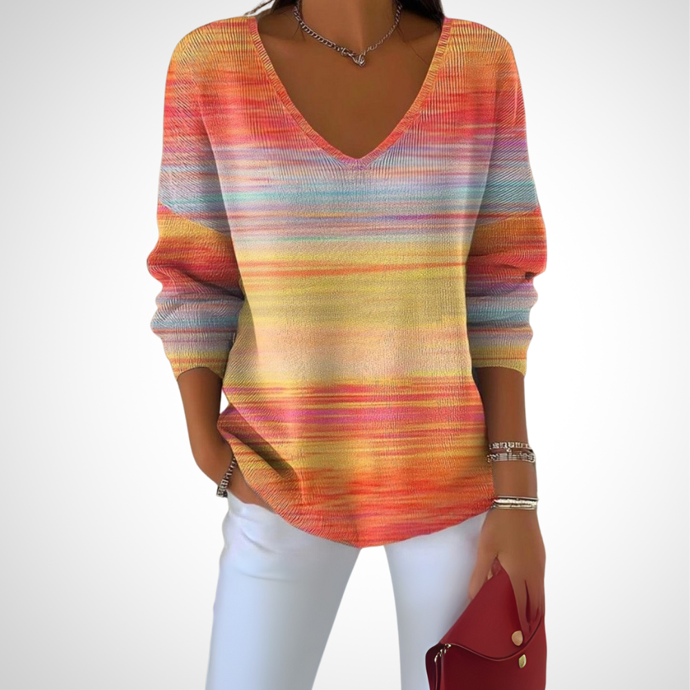 Rainbow Striped V Neck Long Sleeve Knit Top - WOOLX