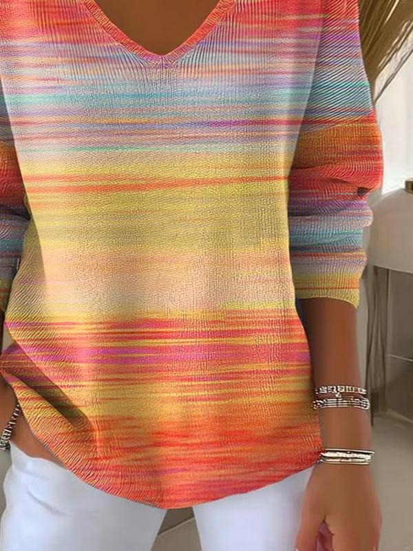 Rainbow Striped V Neck Long Sleeve Knit Top - WOOLX
