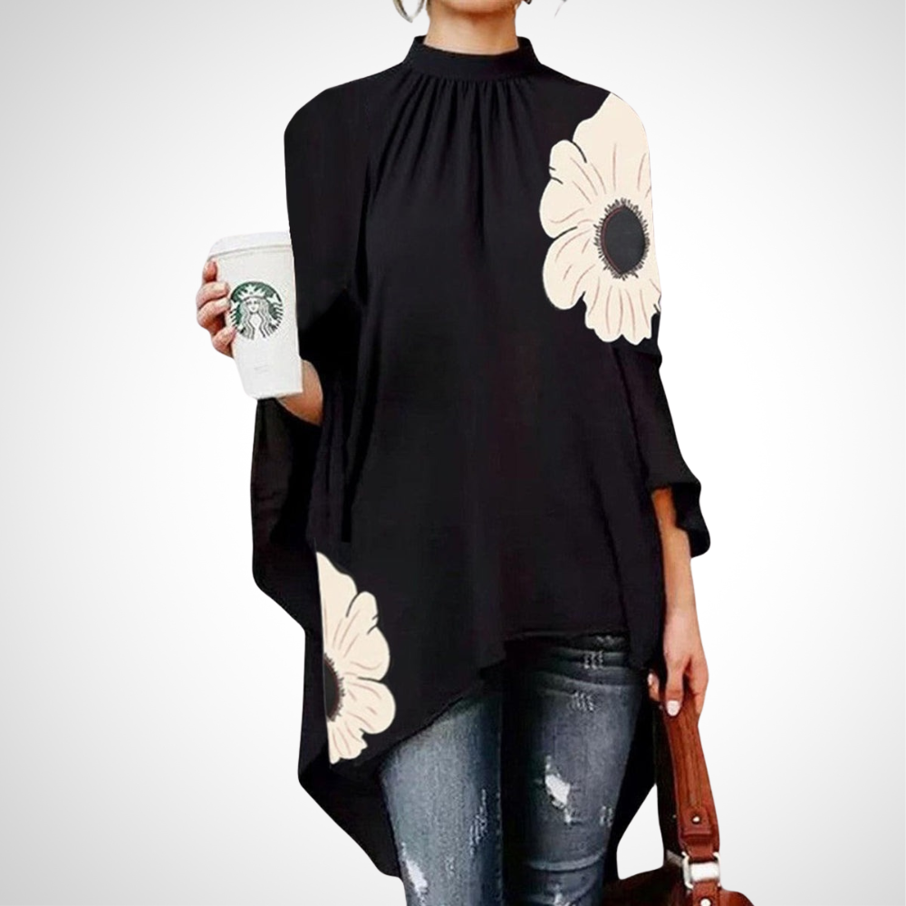 Black High Low Floral Print Poncho Style Blouse - WOOLX