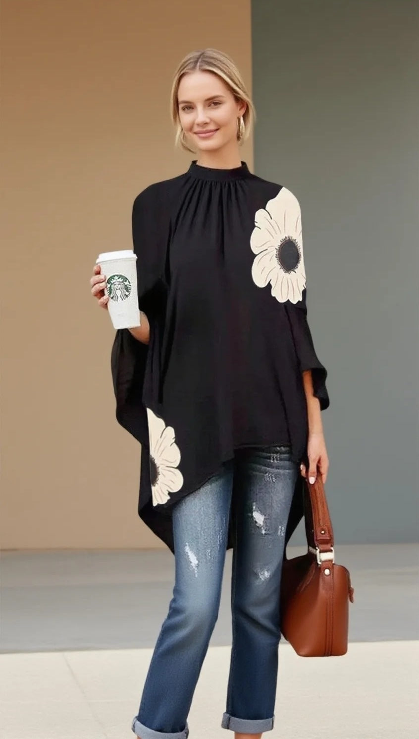 Black High Low Floral Print Poncho Style Blouse - WOOLX
